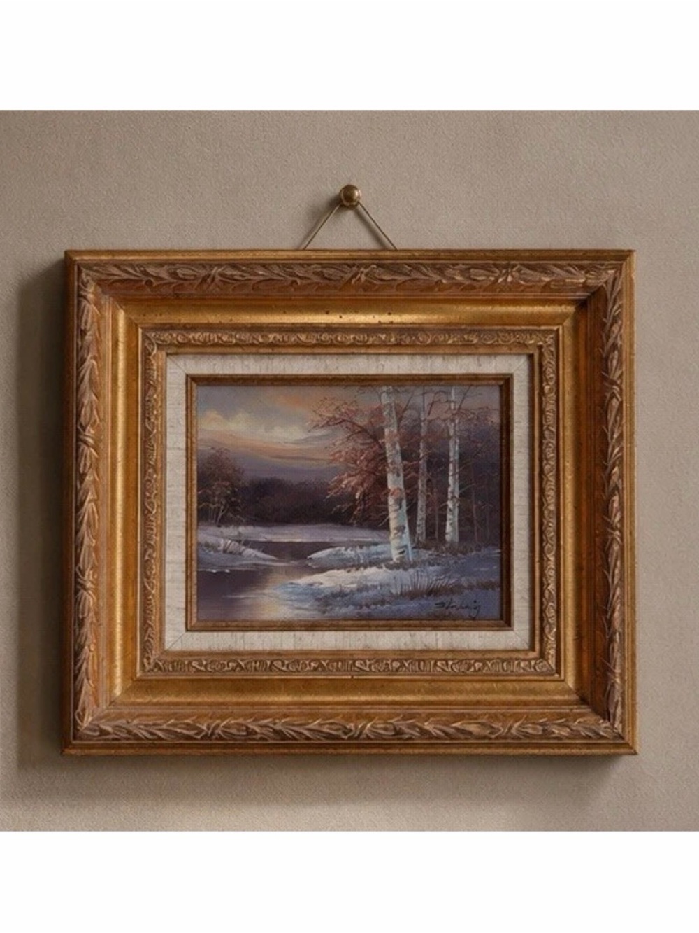 Vintage Winter River Landscape Oil Painting Signed Sterling Ornate Gilt Frame